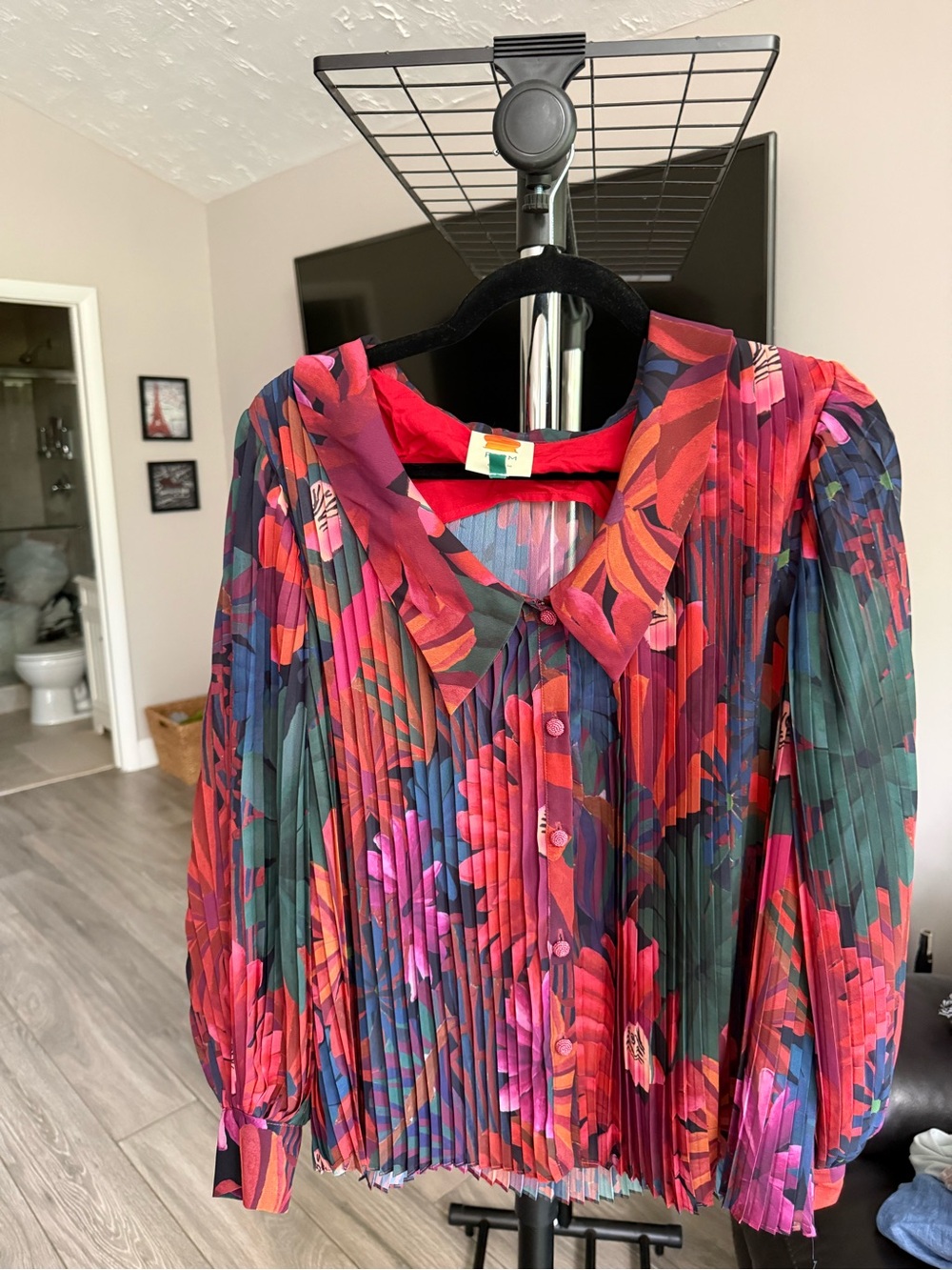FARM Rio Multicolor Pleated Floral Blouse — Red, Pink, Green, Blue